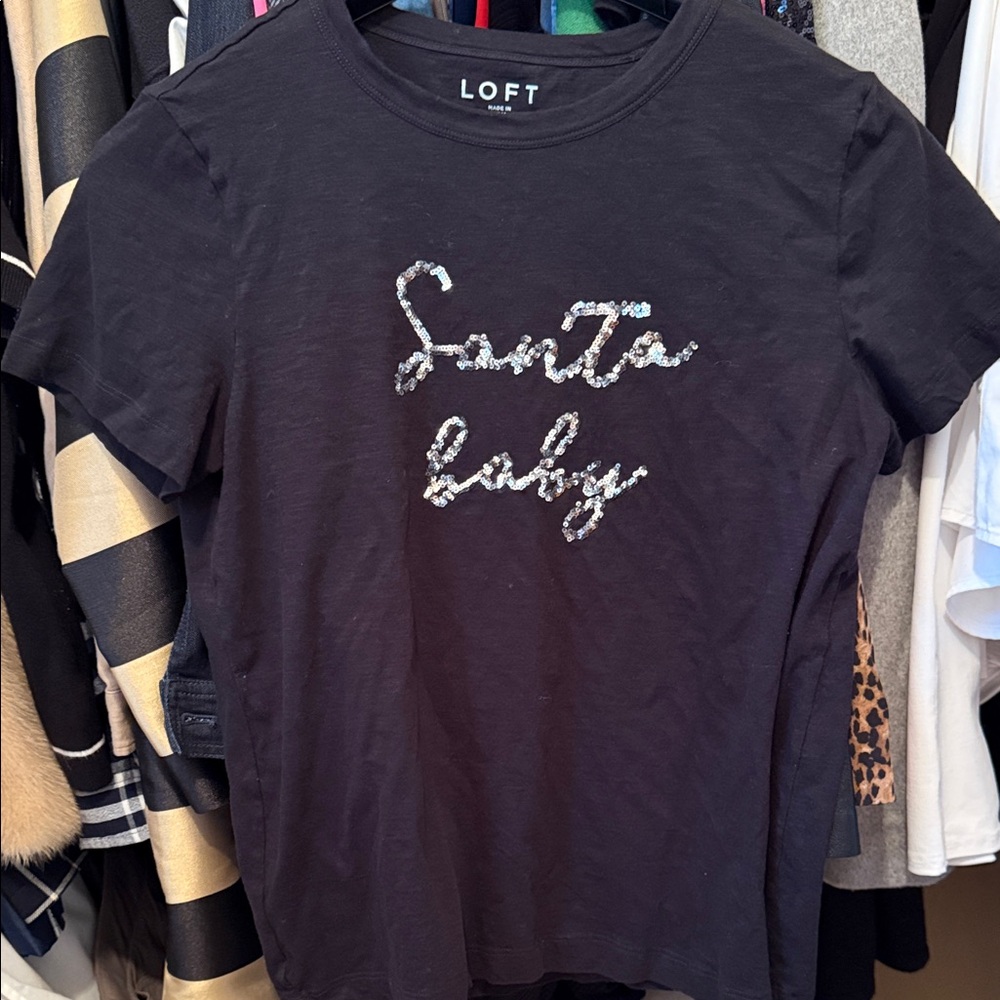LOFT Black Sequin 'Santa Baby' Short Sleeve Tee
